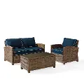 KO70027WB-NV Bradenton 3 Piece Navy and Wicker Outdoor Seating Set Loveseat, Armchair, and Table Set