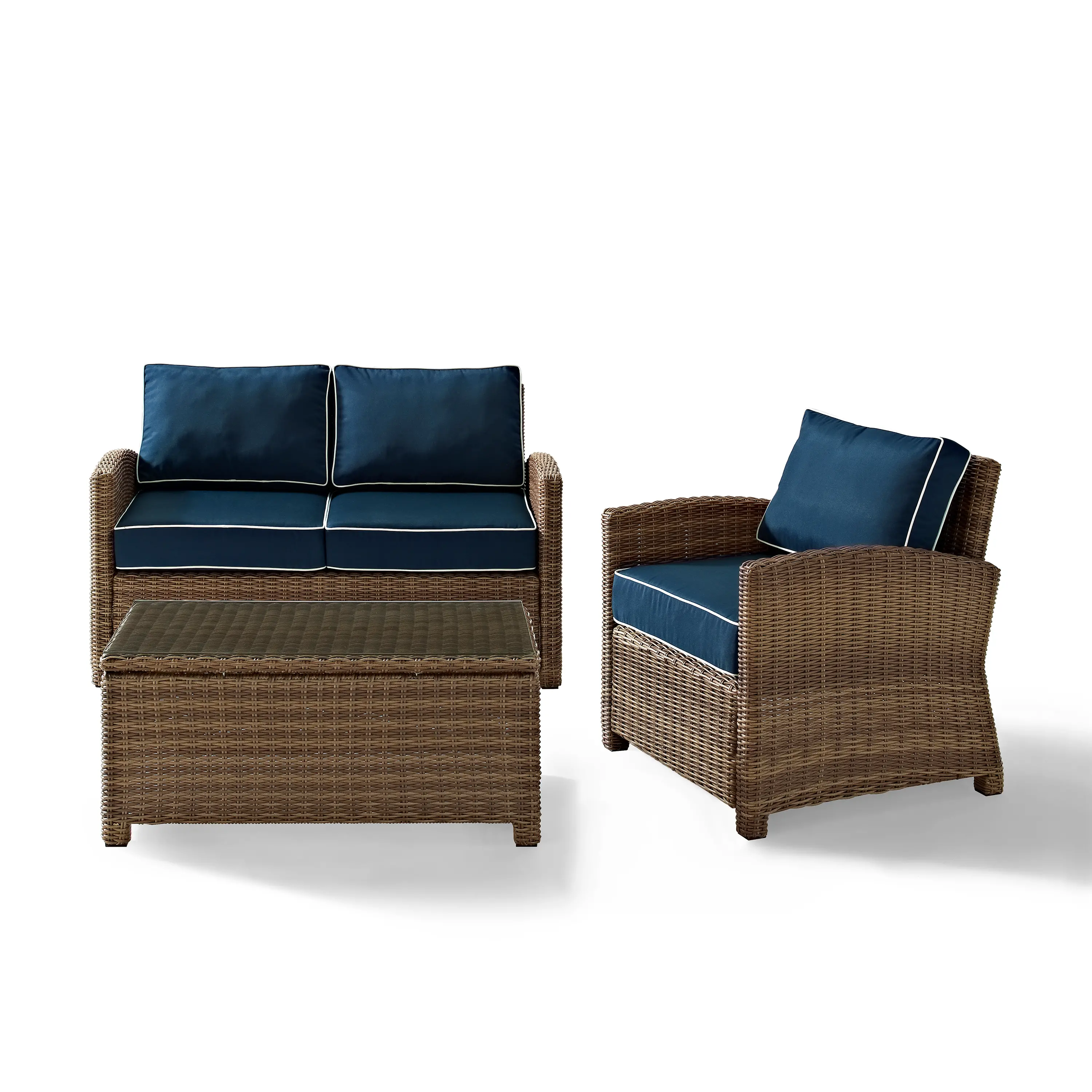 KO70027WB-NV Bradenton 3 Piece Navy and Wicker Outdoor Seating Set Loveseat, Armchair, and Table Set-4