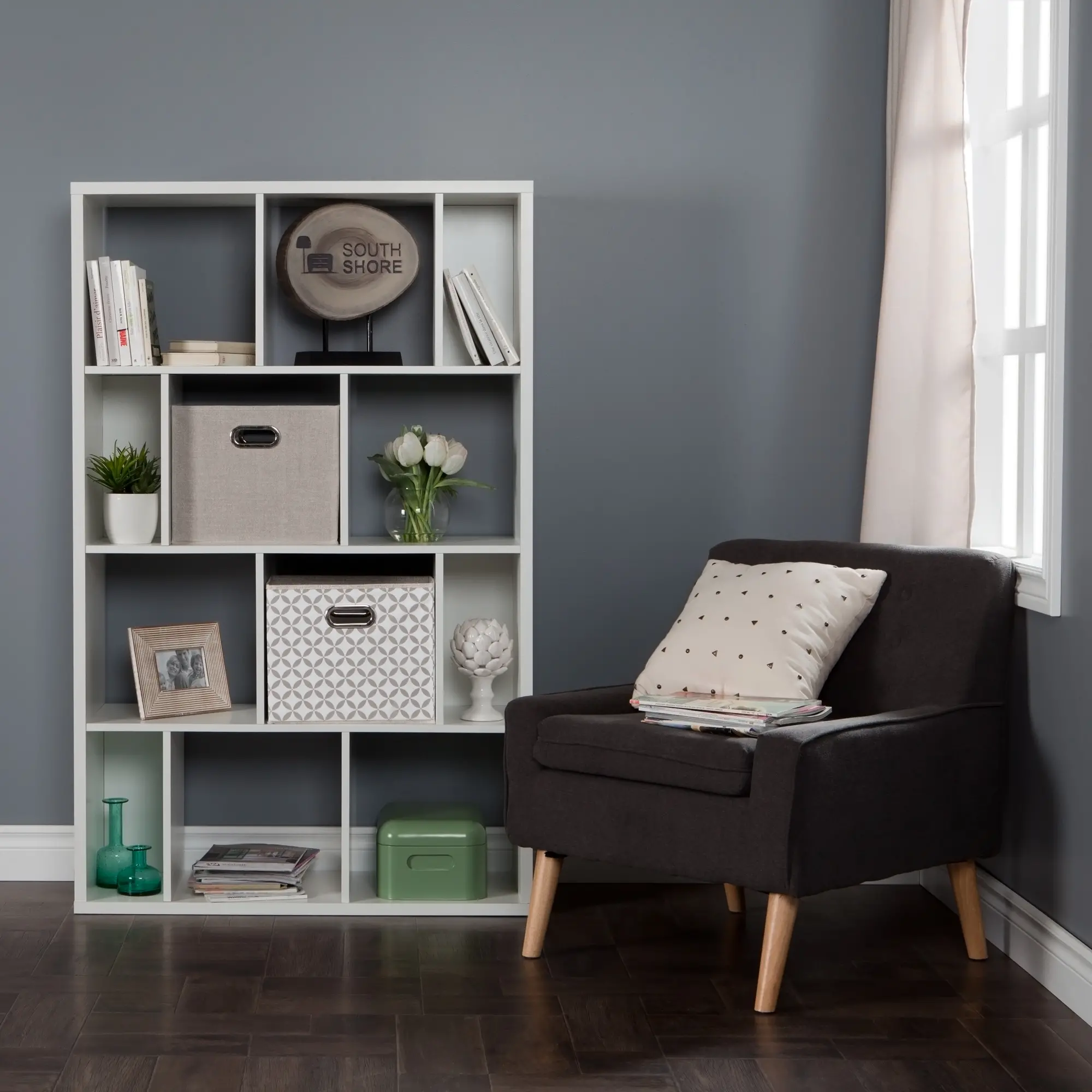 White 12 Cube Shelf with 2 Storage Bins-2