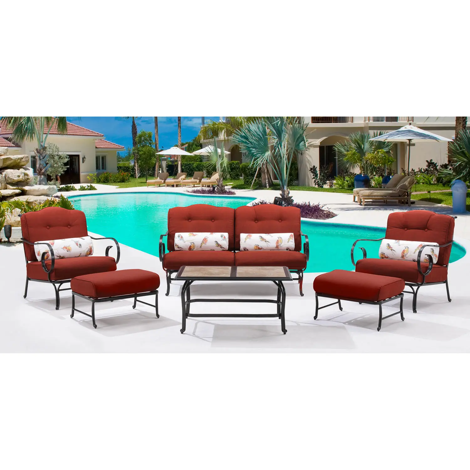 OCEANA6PC-TL-RED Outdoor Red 6 Piece Patio Set W/ Coffee Table - Oceana -6