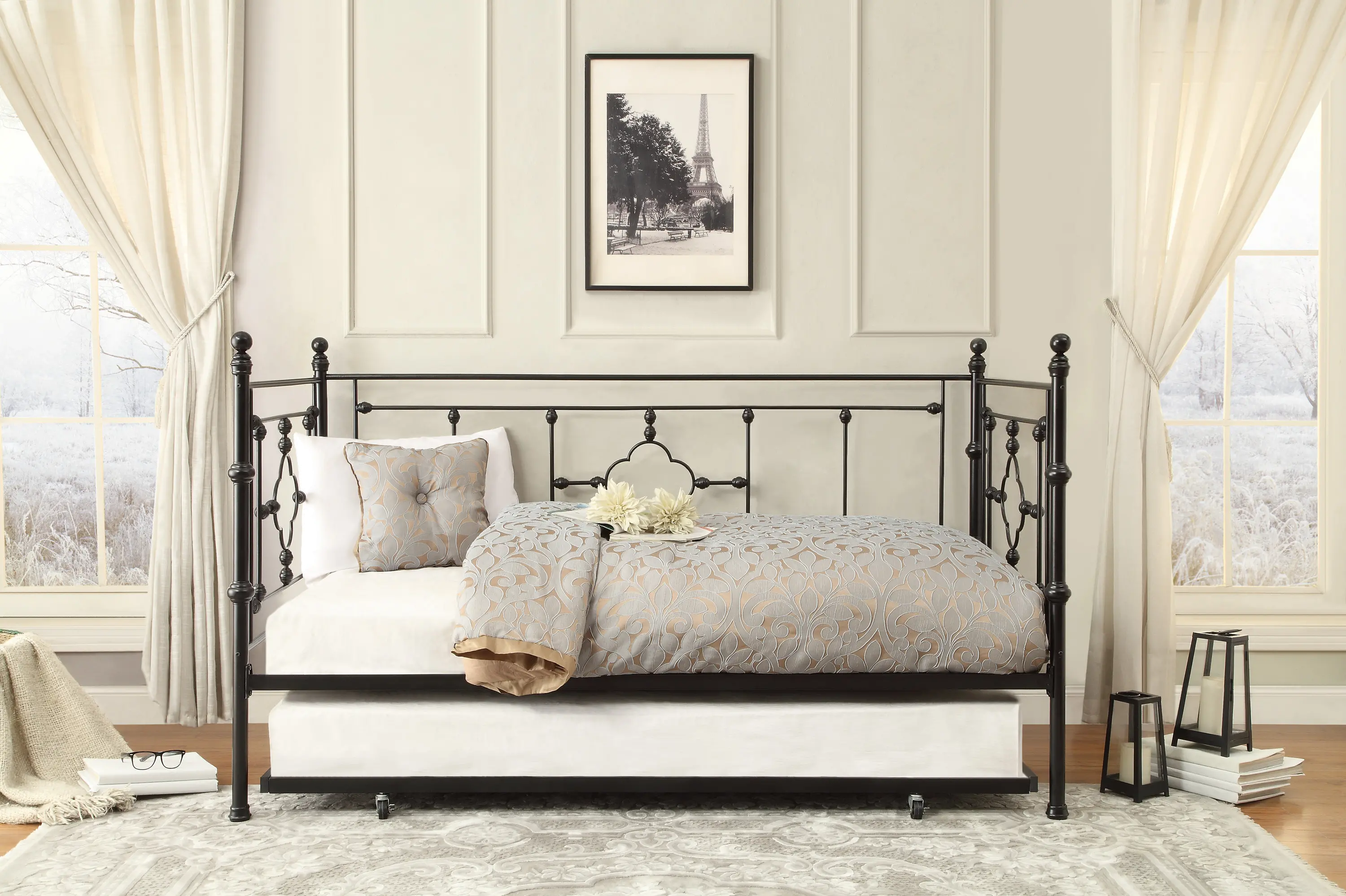 Black Classic Contemporary Metal Daybed with Trundle - Alexis-3