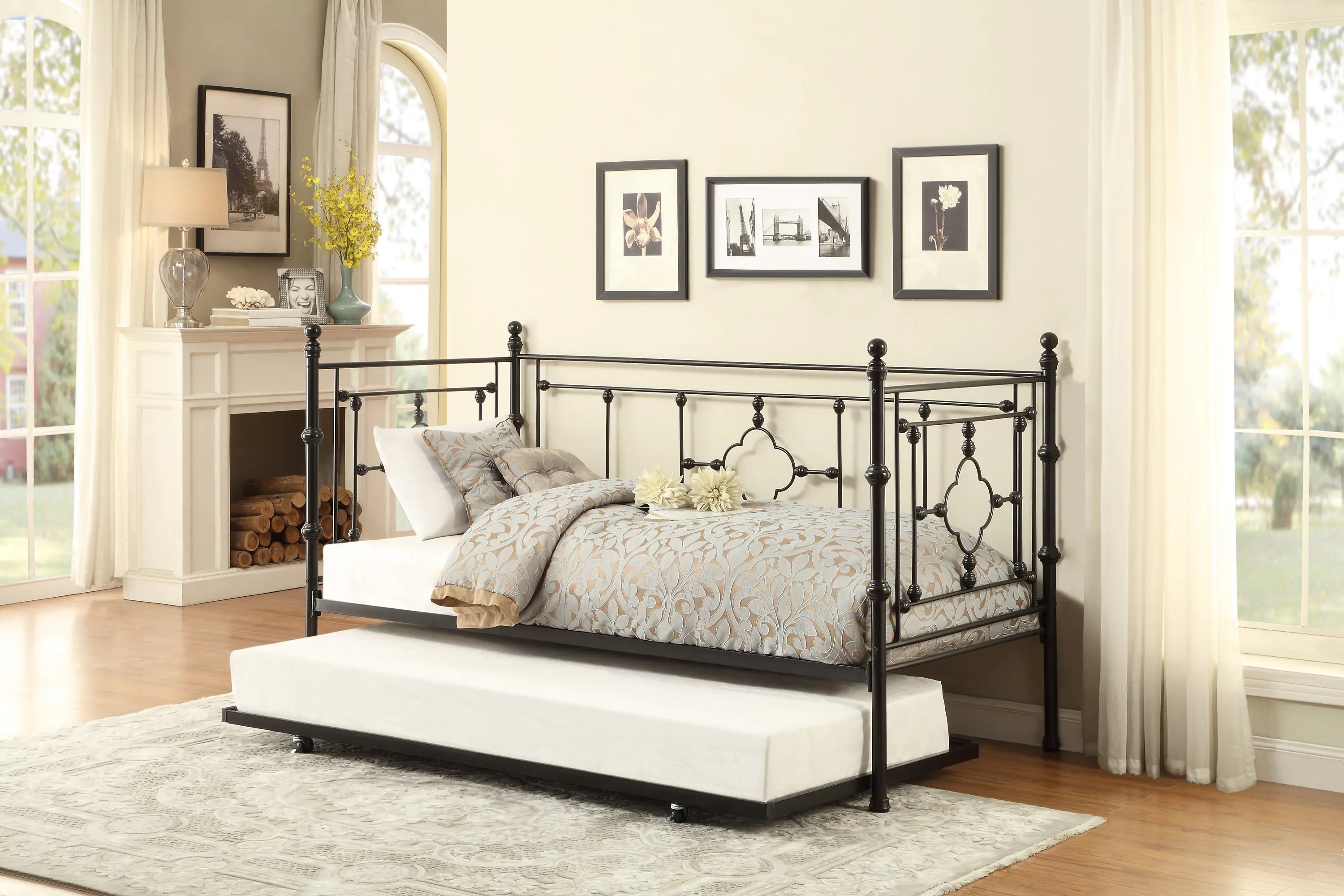 Black Classic Contemporary Metal Daybed with Trundle - Alexis-4