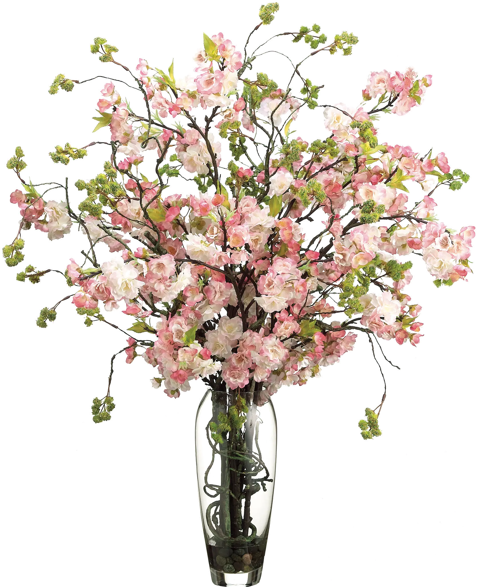 Faux Cherry Blossoms Arrangement in Clear Vase-1