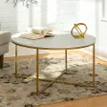 AF36ALCTMGD White Faux-Marble 36 Inch Round Coffee Table with Gold Base - Walker Edison