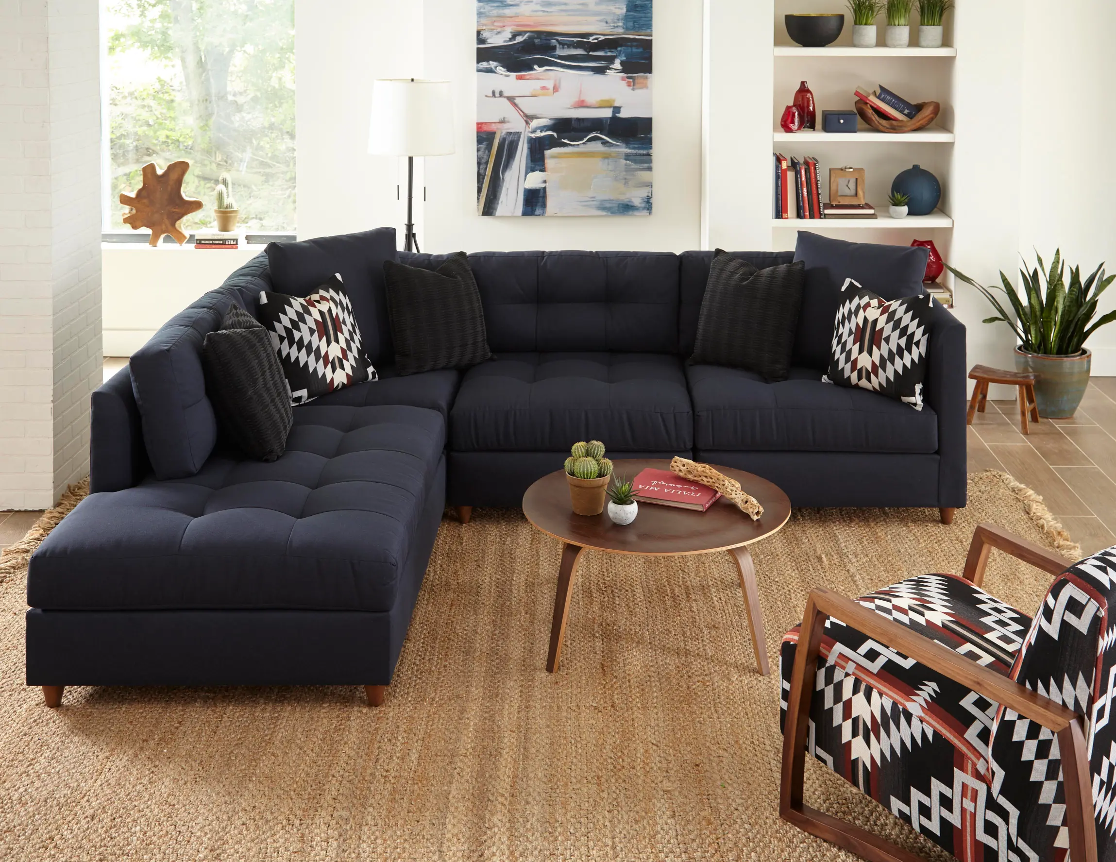 Modern Blue 4 Piece Sectional Sofa with Pendleton by Sunbrella Pillows - Domino-3
