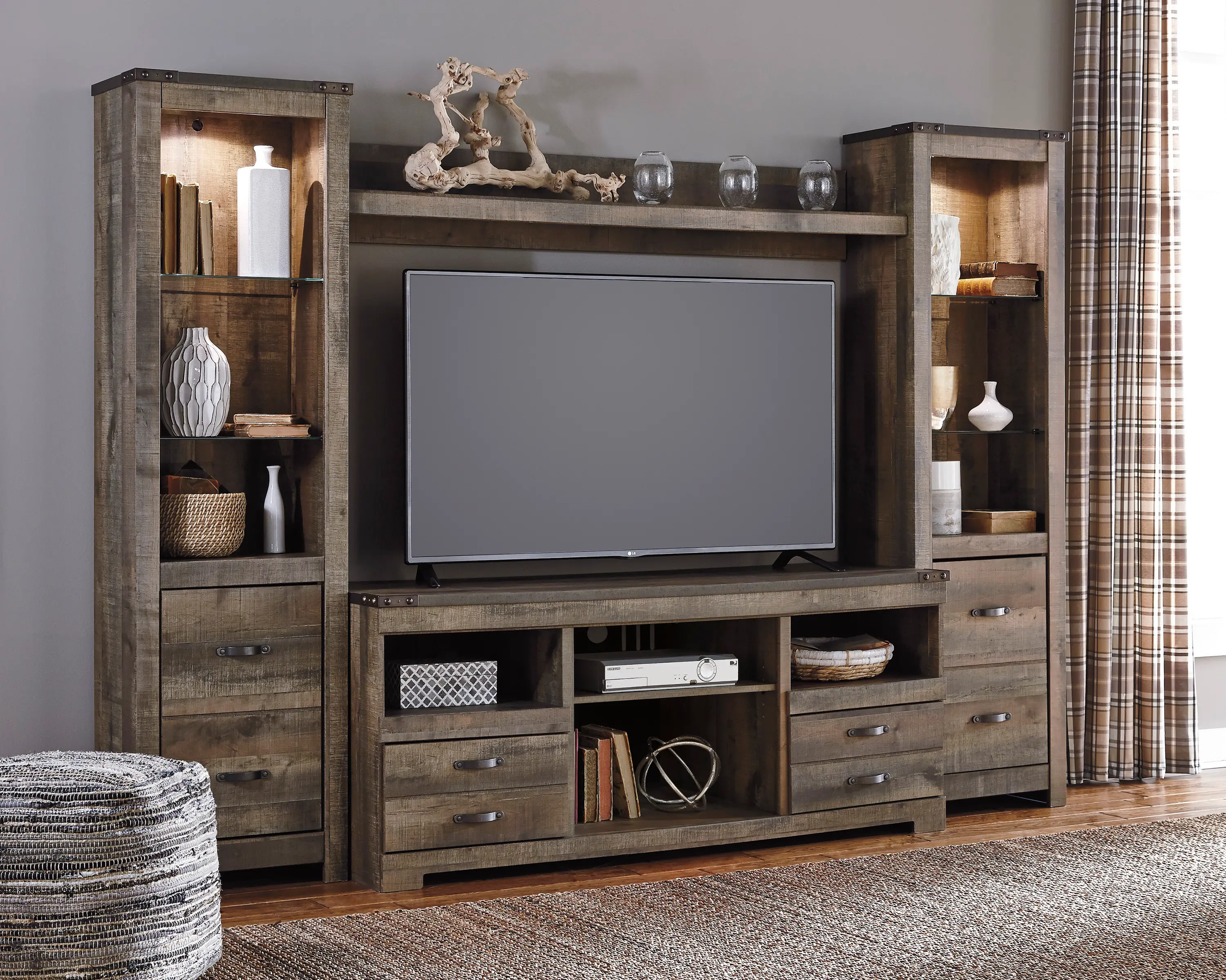 Trinell Natural Brown 4 Piece Rustic Oak Entertainment Center-2