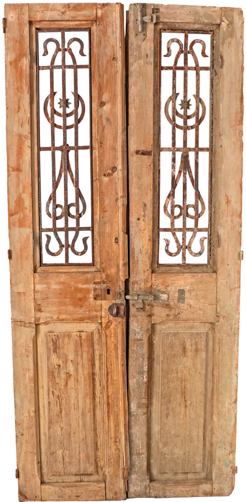 Egyptian Carved Wood Door Pair with Iron
