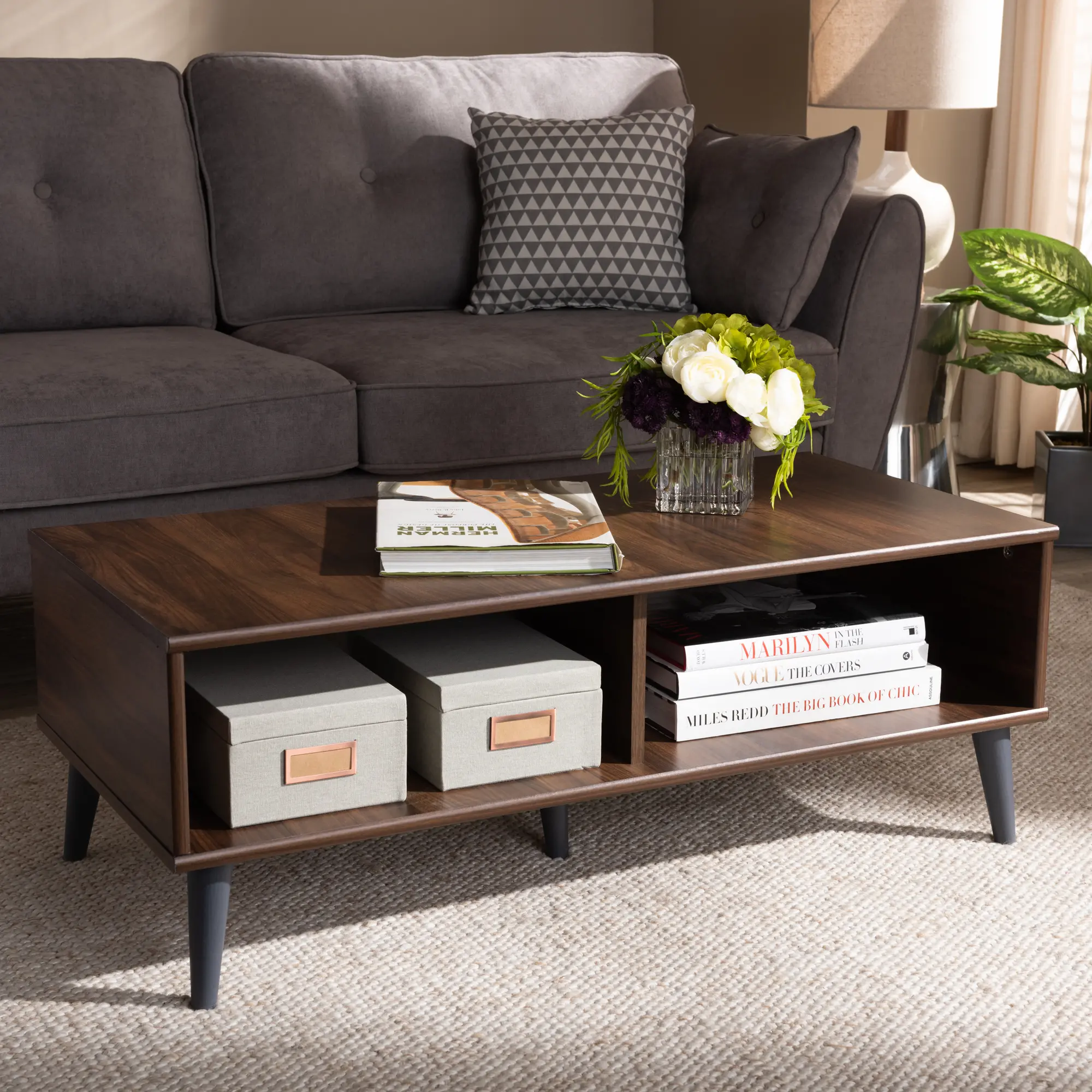 147-8252-RCW Mid Century Modern Brown and Gray Wood Coffee Table-1