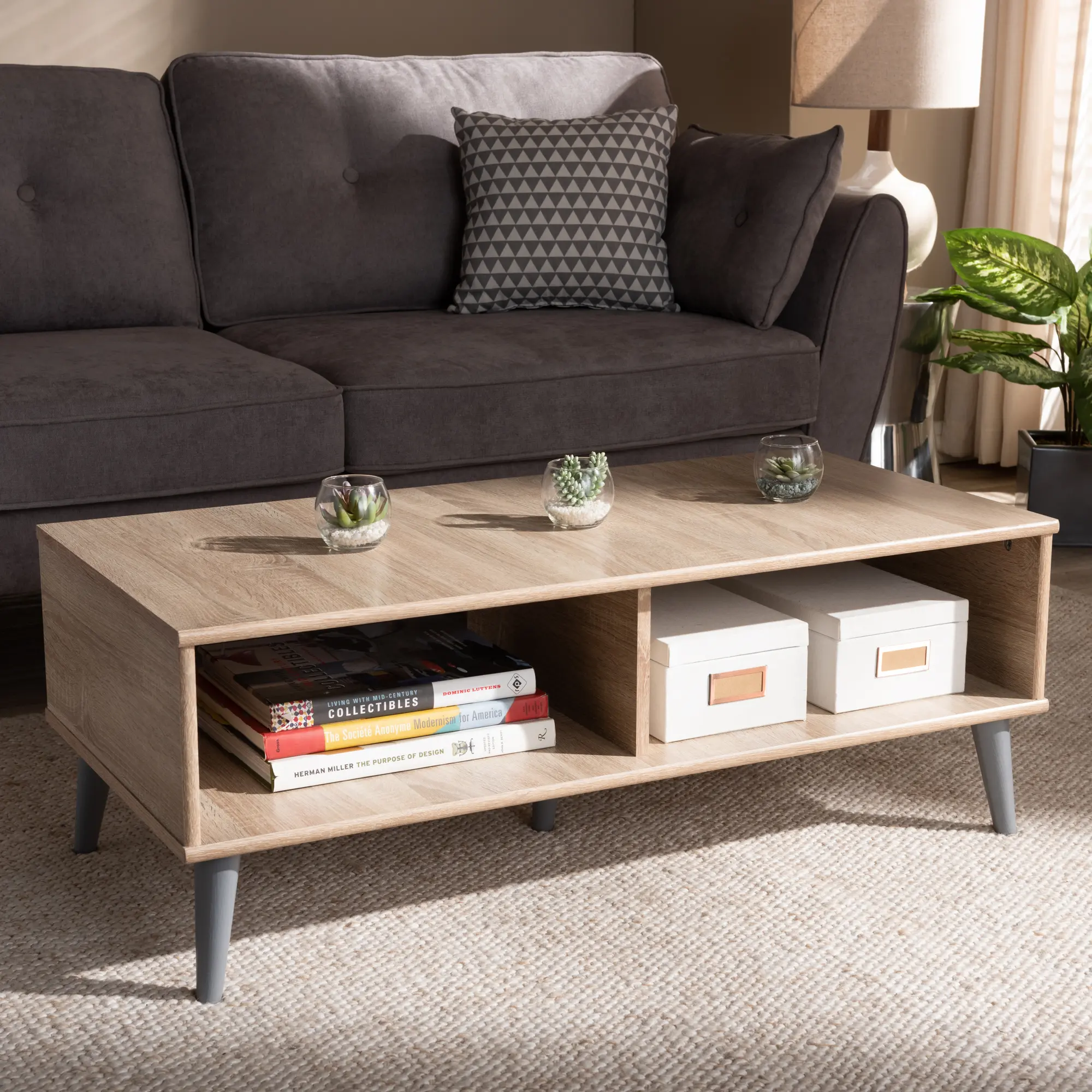 147-8253-RCW Mid Century Modern Oak and Light Grey Wood Coffee Table-1