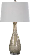 Light Taupe Ceramic Table Lamp with Brushed Nickel Details