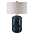 Dark Teal Ribbed Ceramic Table Lamp with Nickel Details