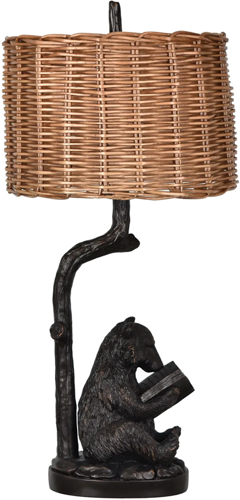 Resin Bronze Reading Bear Table Lamp with Rattan Shade
