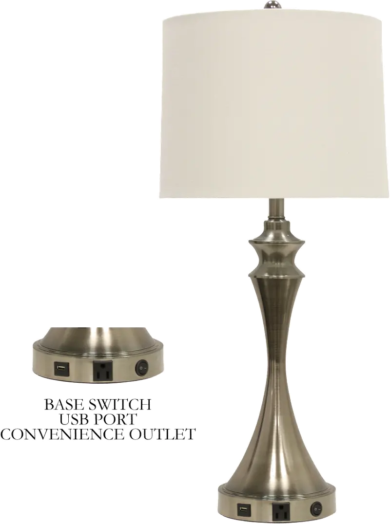 31 Inch Brushed Steel Table Lamp with USB Port and Outlet