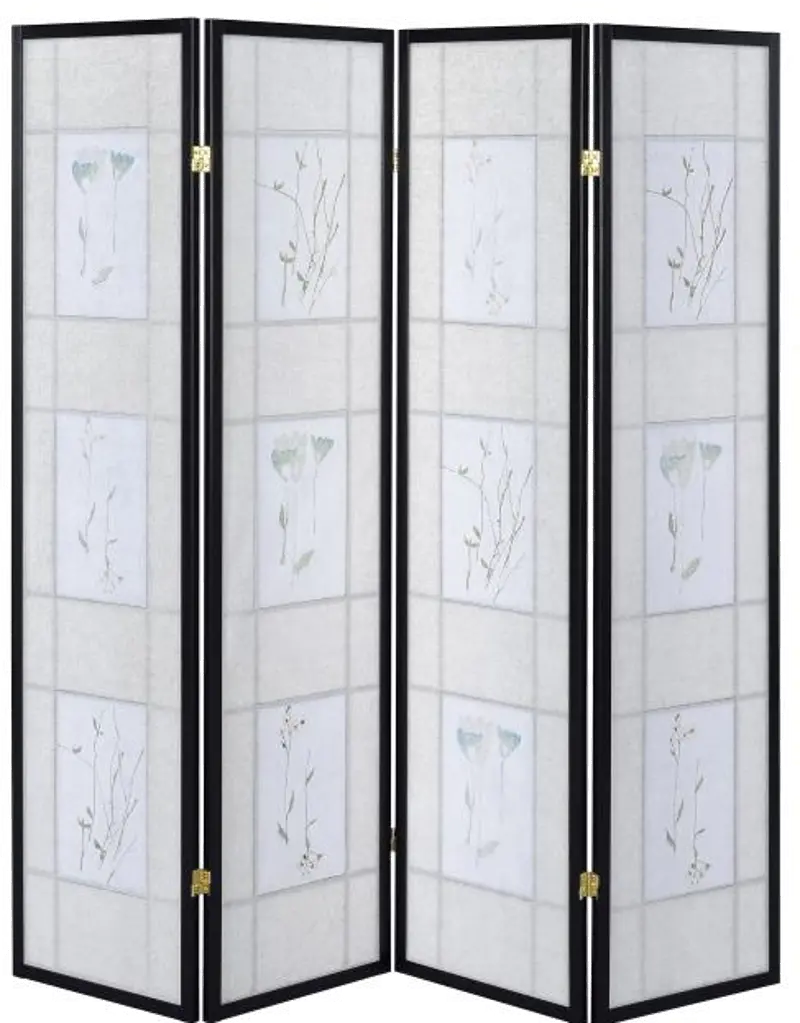 Aidan Black and Floral 4 Panel Transitional Folding Screen