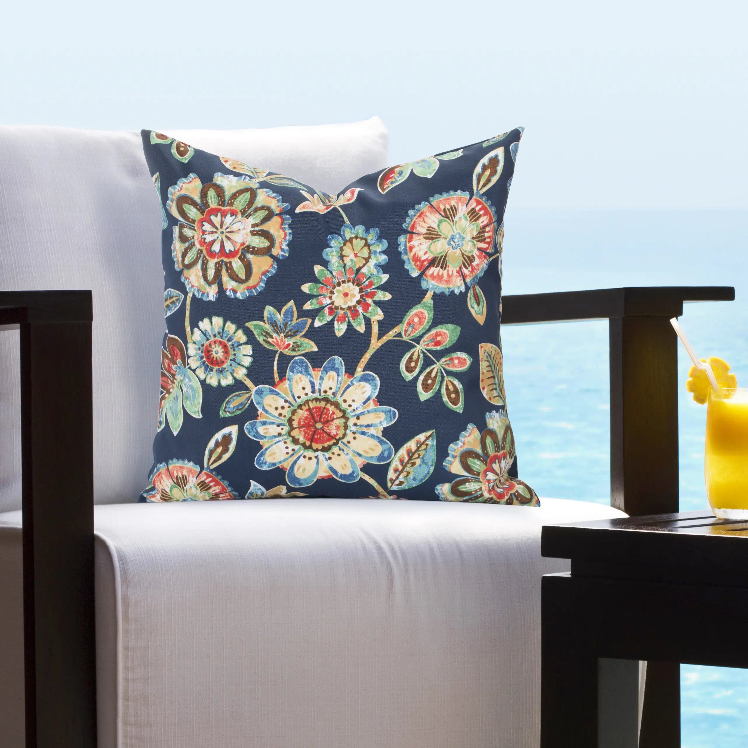 Blue with Multi Color Floral Indoor-Outdoor Throw Pillow-1