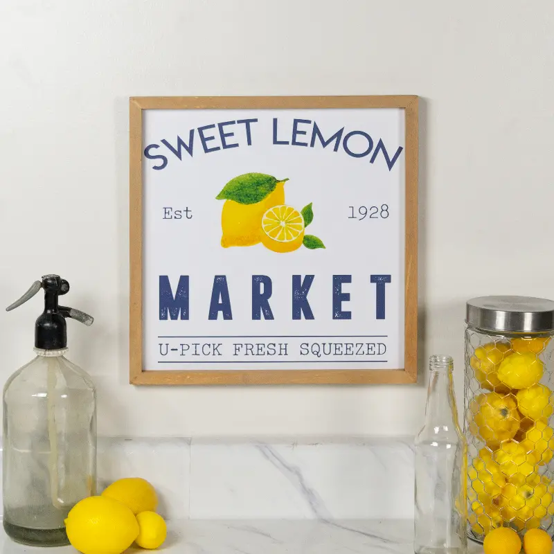 White, Black, Yellow and Green Lemon Market Wooden Sign
