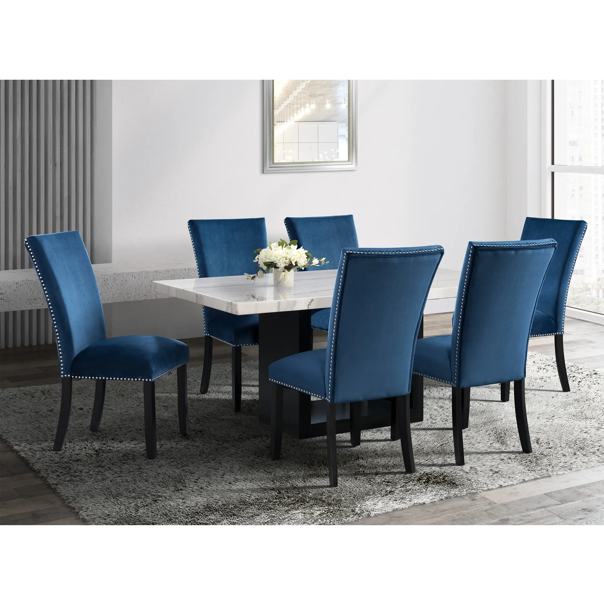 Valentino Marble 5 Piece Dining Set with Blue Velvet Chairs-2