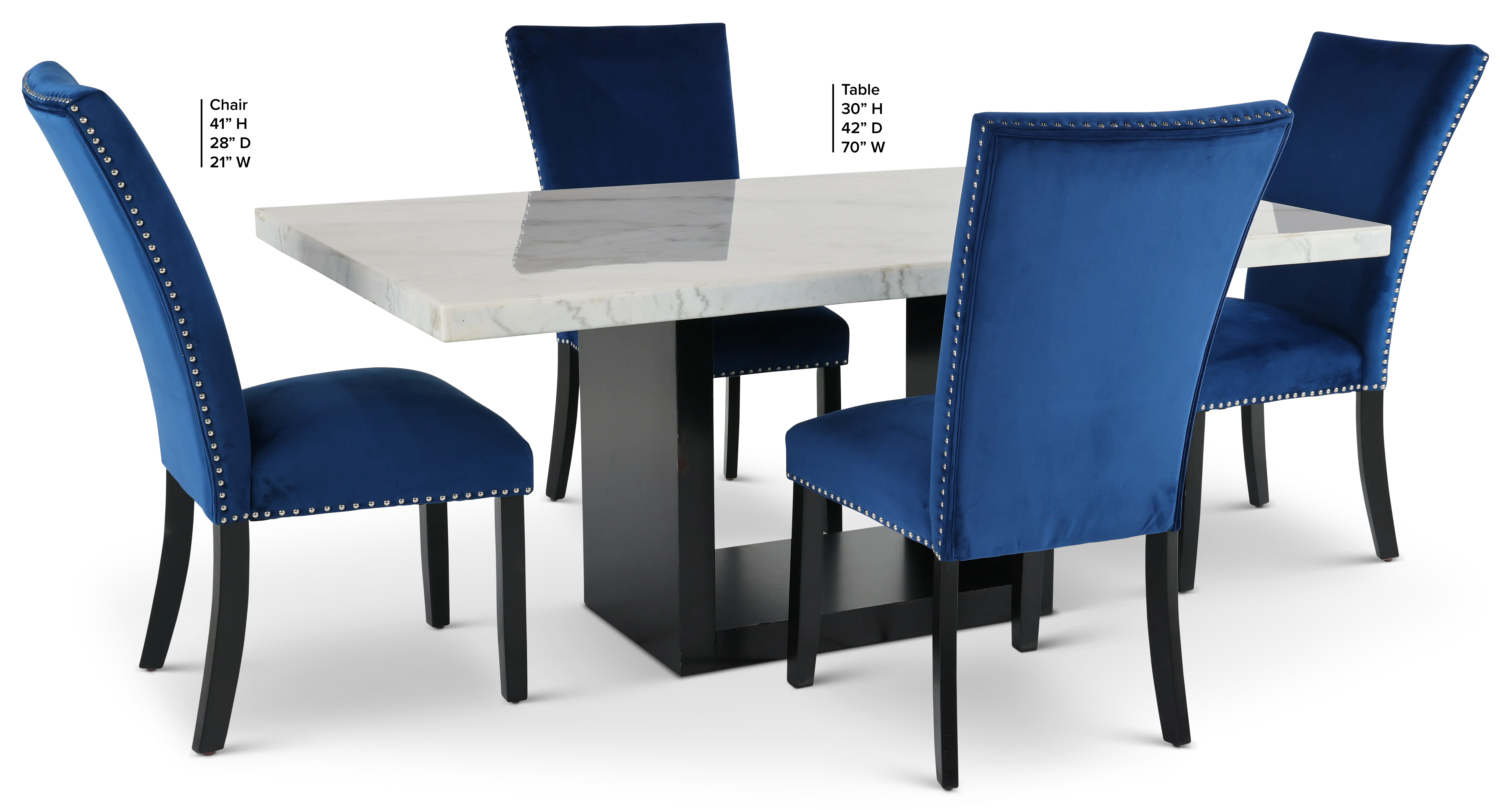 Valentino Marble 5 Piece Dining Set with Blue Velvet Chairs-3