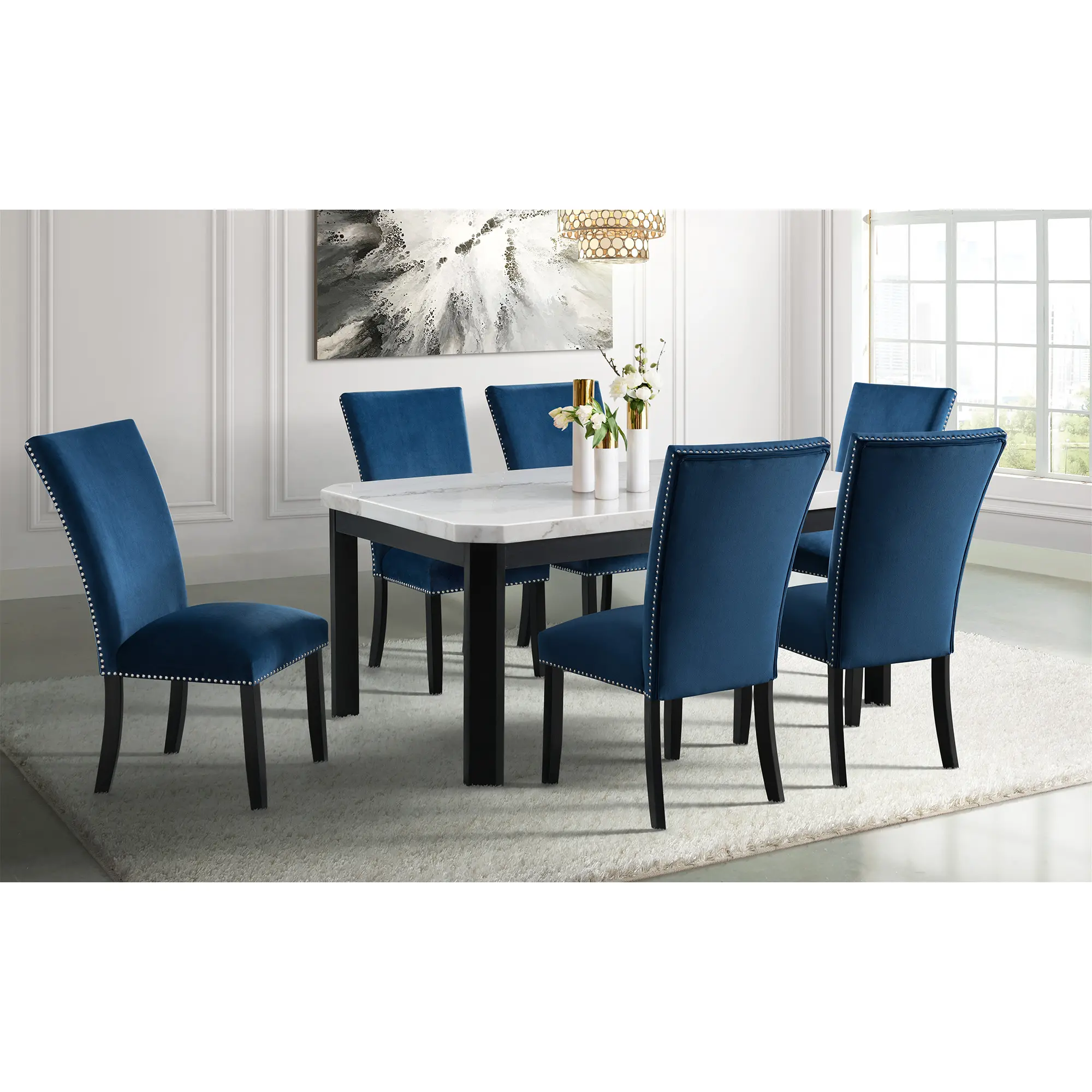 Valentino Marble 5 Piece Dining Set with Blue Velvet Chairs-7