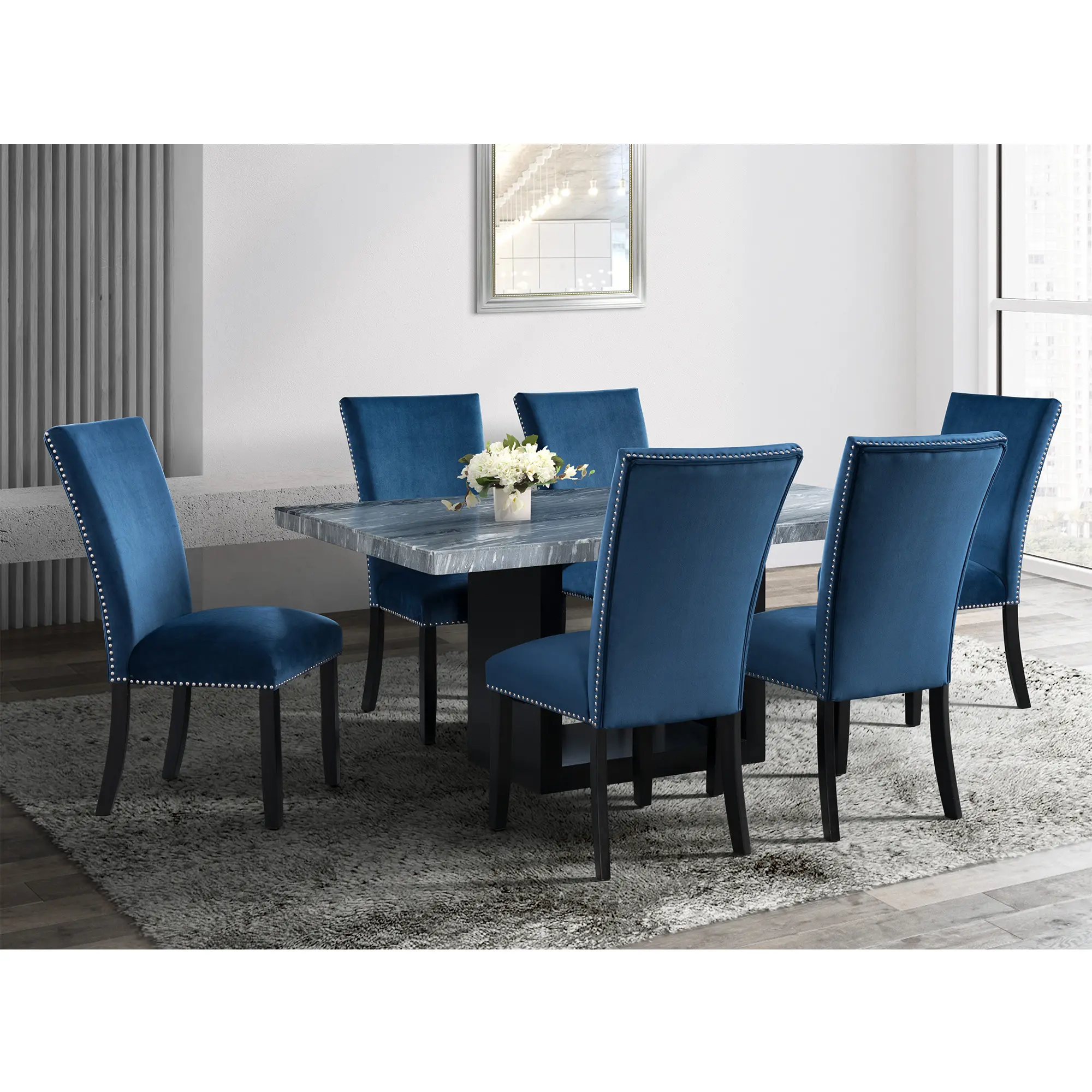 Valentino Marble 5 Piece Dining Set with Blue Velvet Chairs-8