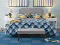 Modern Eclectic Gray Queen Upholstered Headboard and Bench Set