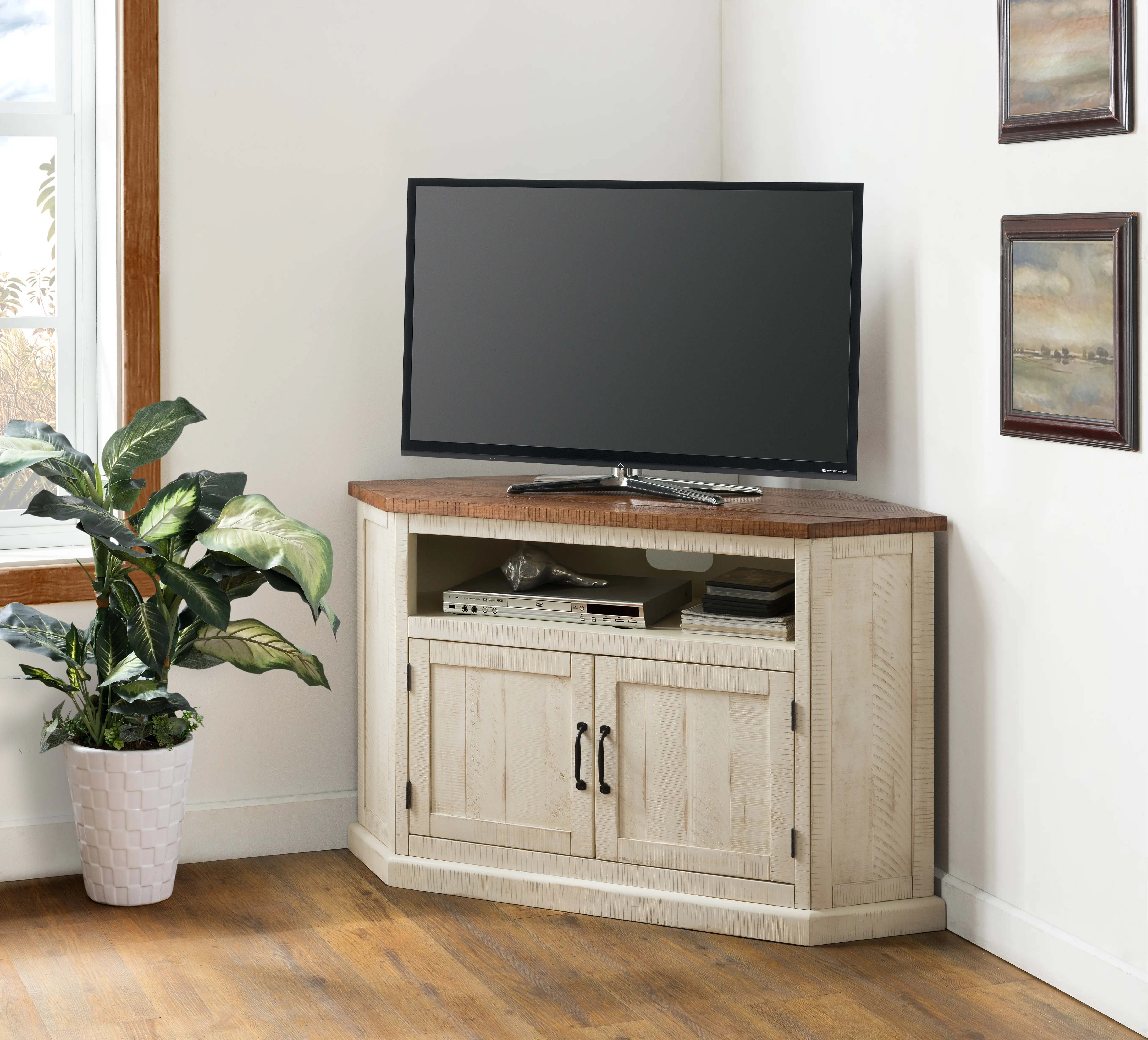 Antique White and Pine Corner TV Stand-1