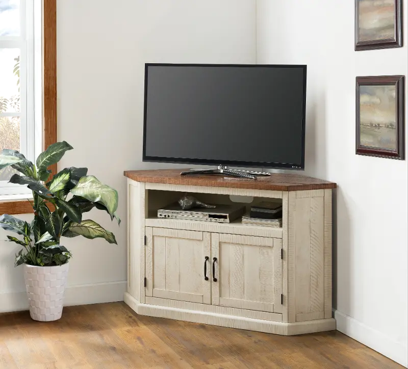 Antique White and Pine Corner TV Stand