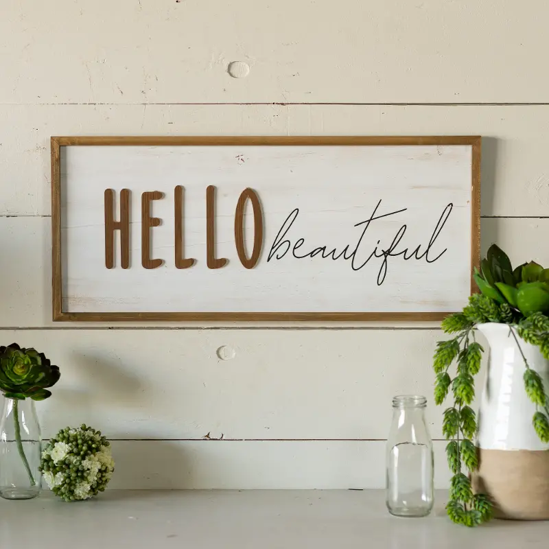White, Brown and Black Hello Beautiful Wood Wall Sign Decor