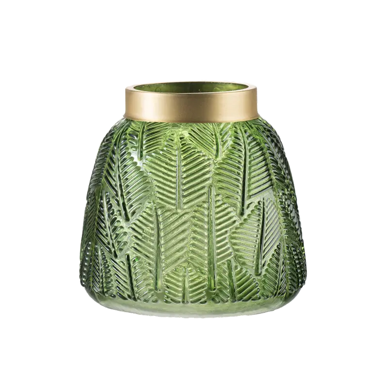 5 Inch Green Etched Leaf Glass Vase