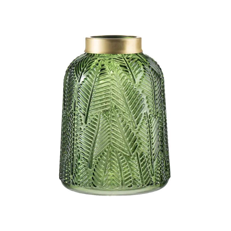7 Inch Green Etched Leaf Glass Vase