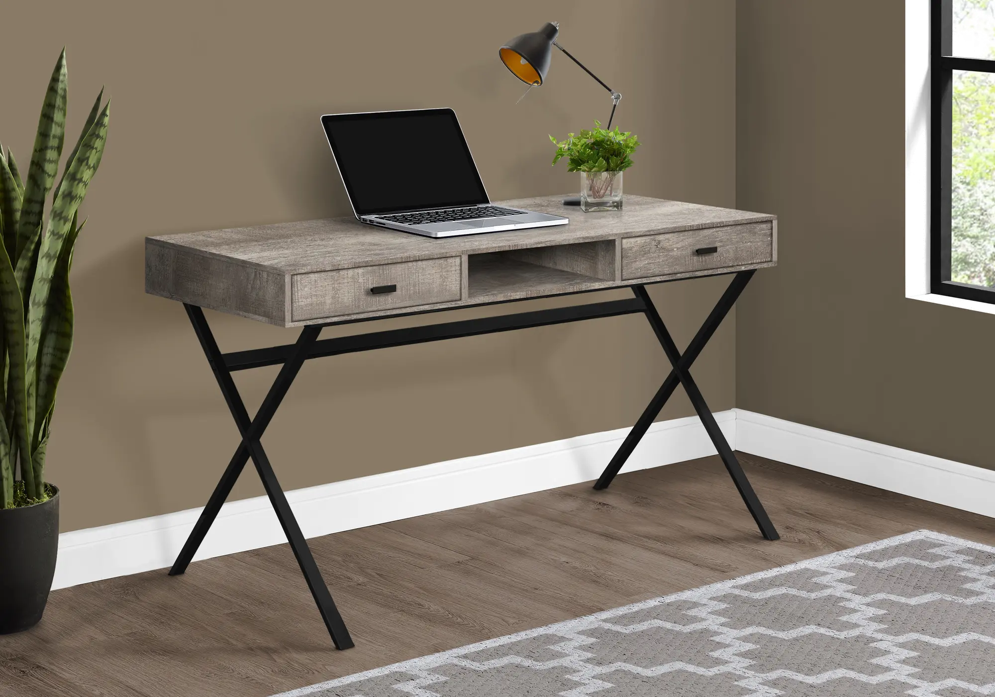 Taupe Wood Desk with Black Metal Base-2