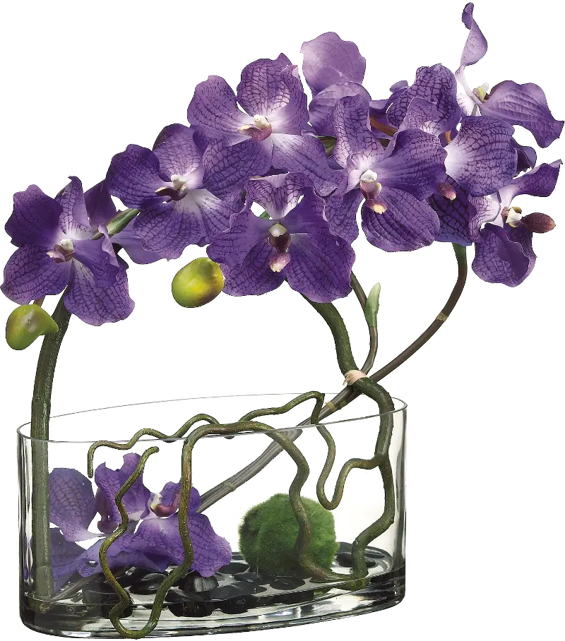Faux Purple Vanda Orchid with Twig and Moss Ball in Glass Vase