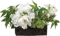 White and Green Lilac and Peony Arrangement in Carved Pot