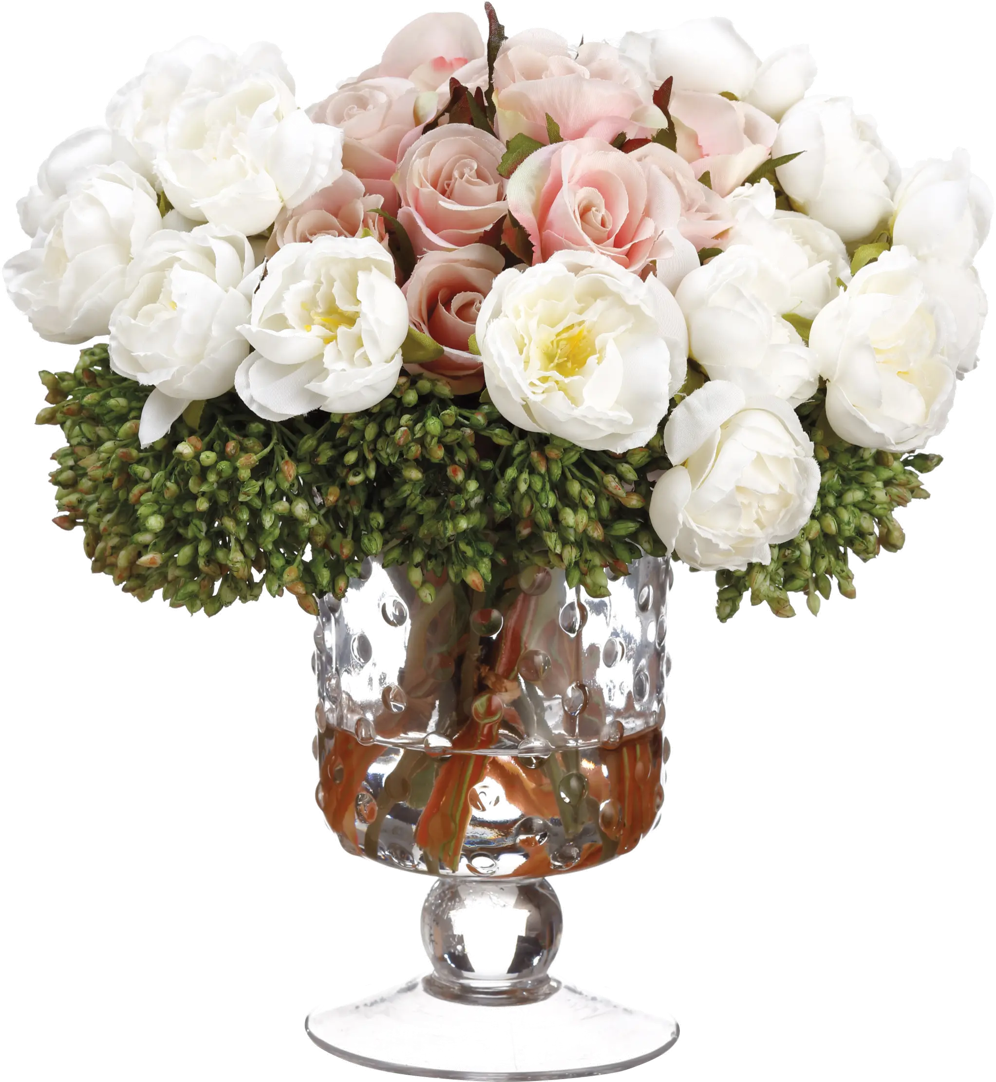 Cream and Pink Faux Ranunculus Rose and Berry Arrangement in Glass Vase-1