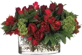 Red and Green Rose and Dahlia Faux Arrangement in Glass Vase