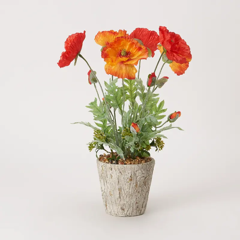 Red and Orange Faux Poppy Arrangement in Cement Planter