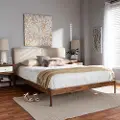 149-8775-RCW Mid-Century Beige and Walnut Upholstered Platform Queen Bed - Anneka