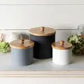 4 White Metal Canister with Wooden Lid
