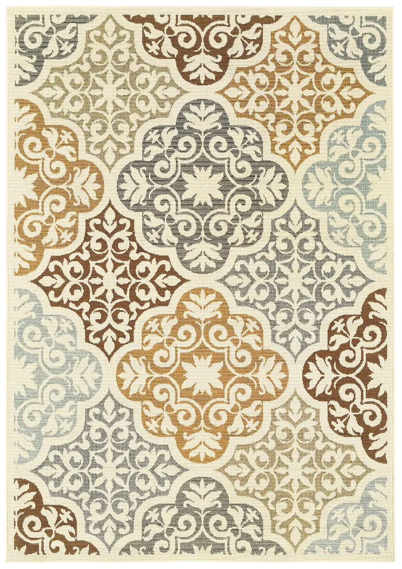 Bali 8 x 11 Large Ivory, Blue, and Gold Indoor-Outdoor Rug