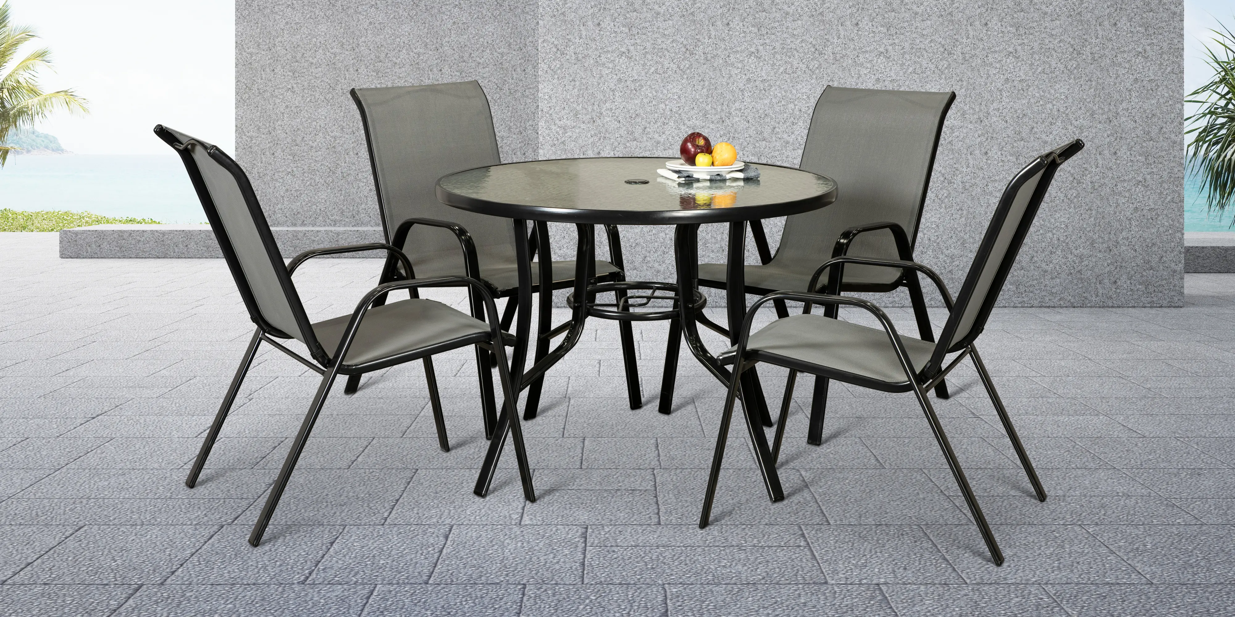 Bali 5 Piece Round Patio Dining Set with 4 Sling Chairs-2