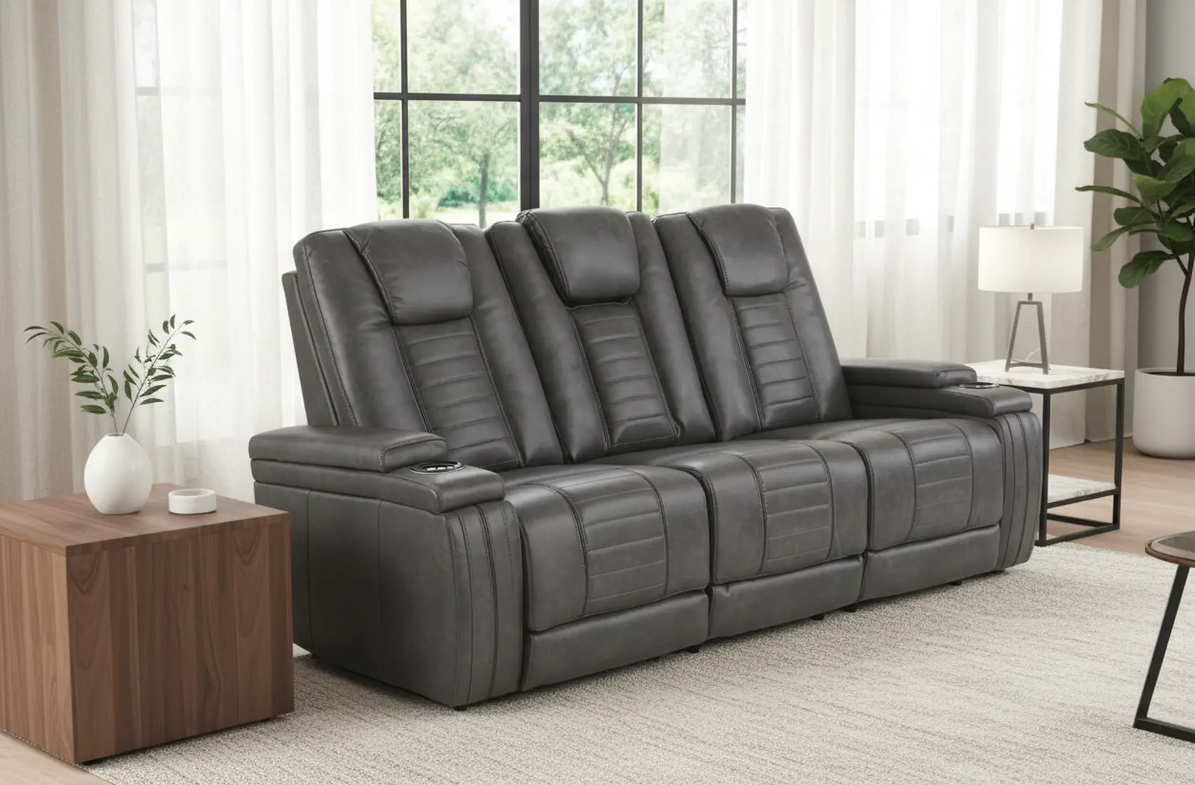 Megan Tinsmith Gray Power Reclining Sofa with Drop Down Console-10