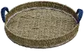 Brown Round Seagrass Tray with Blue Handles