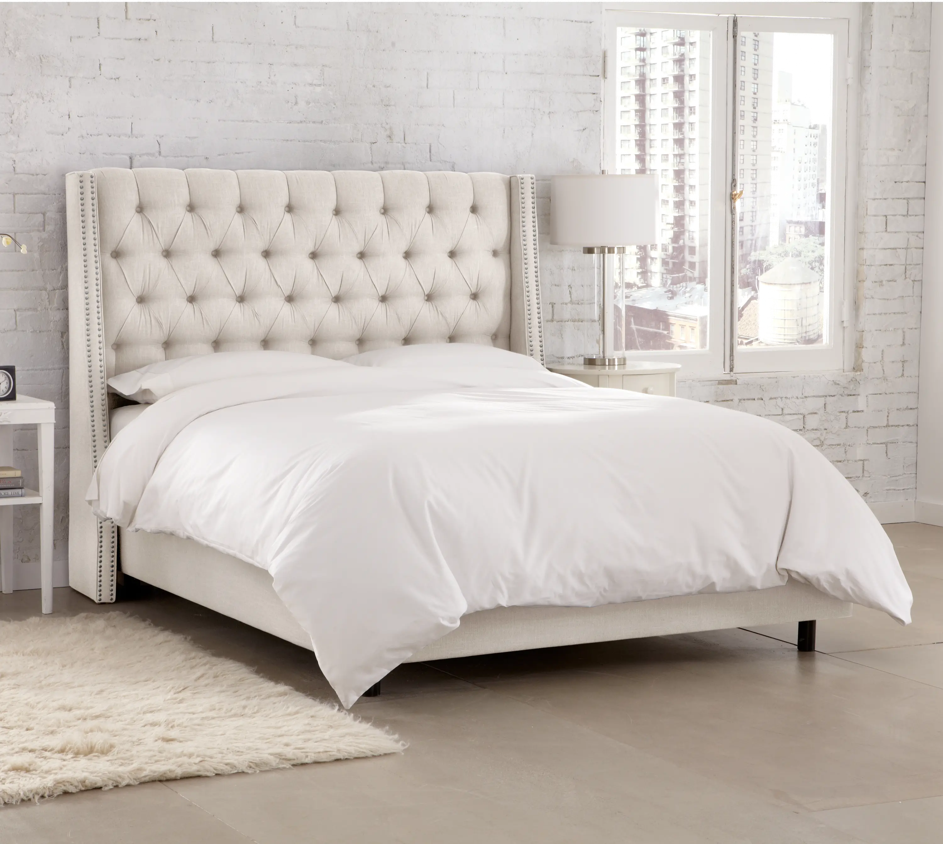 124NBBED-PWLNNTLC Riley Cream Flared Wingback California King Bed - Skyline Furniture-2