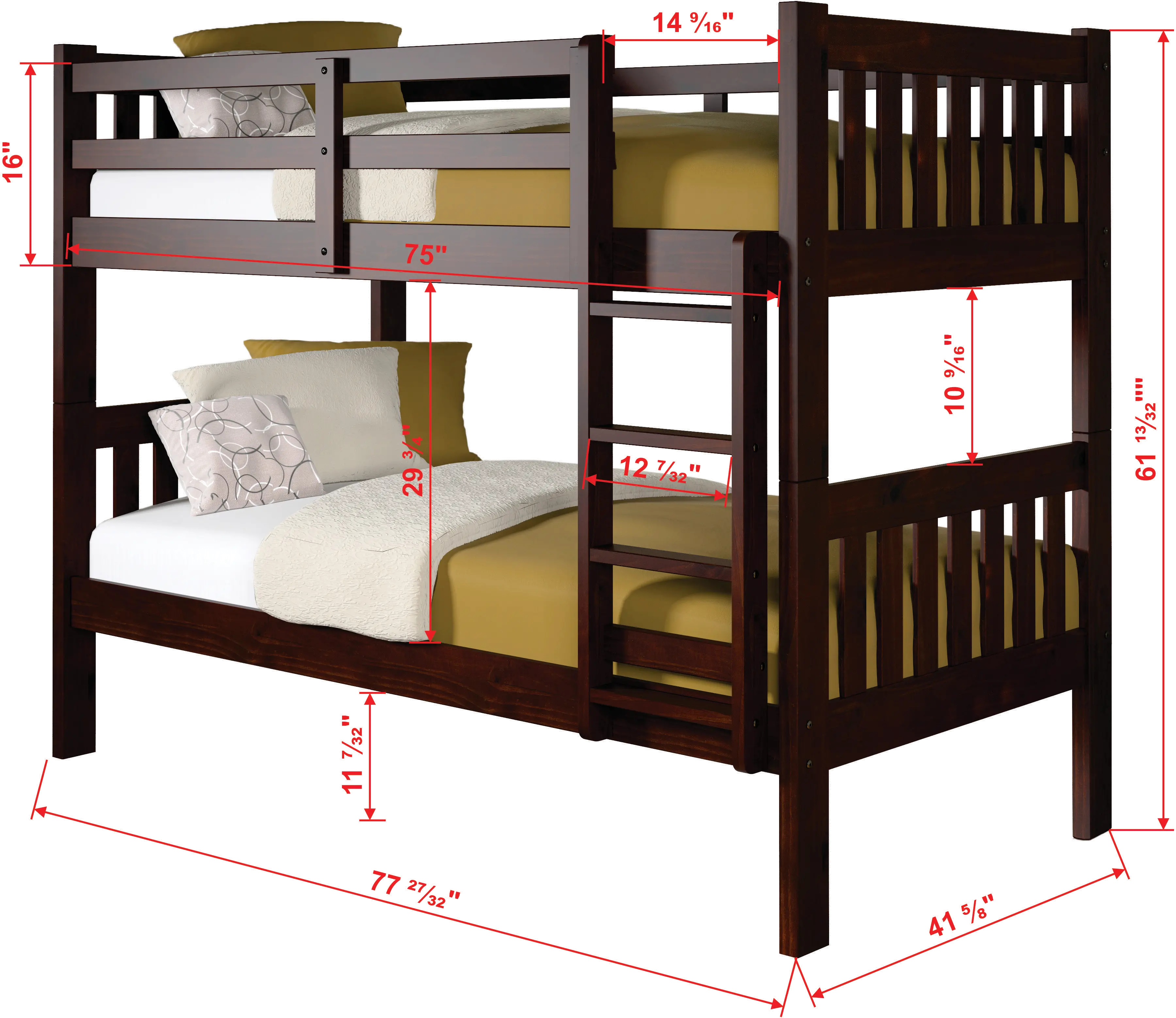 Classic Brown Twin over Twin Bunk Bed - Mission-3
