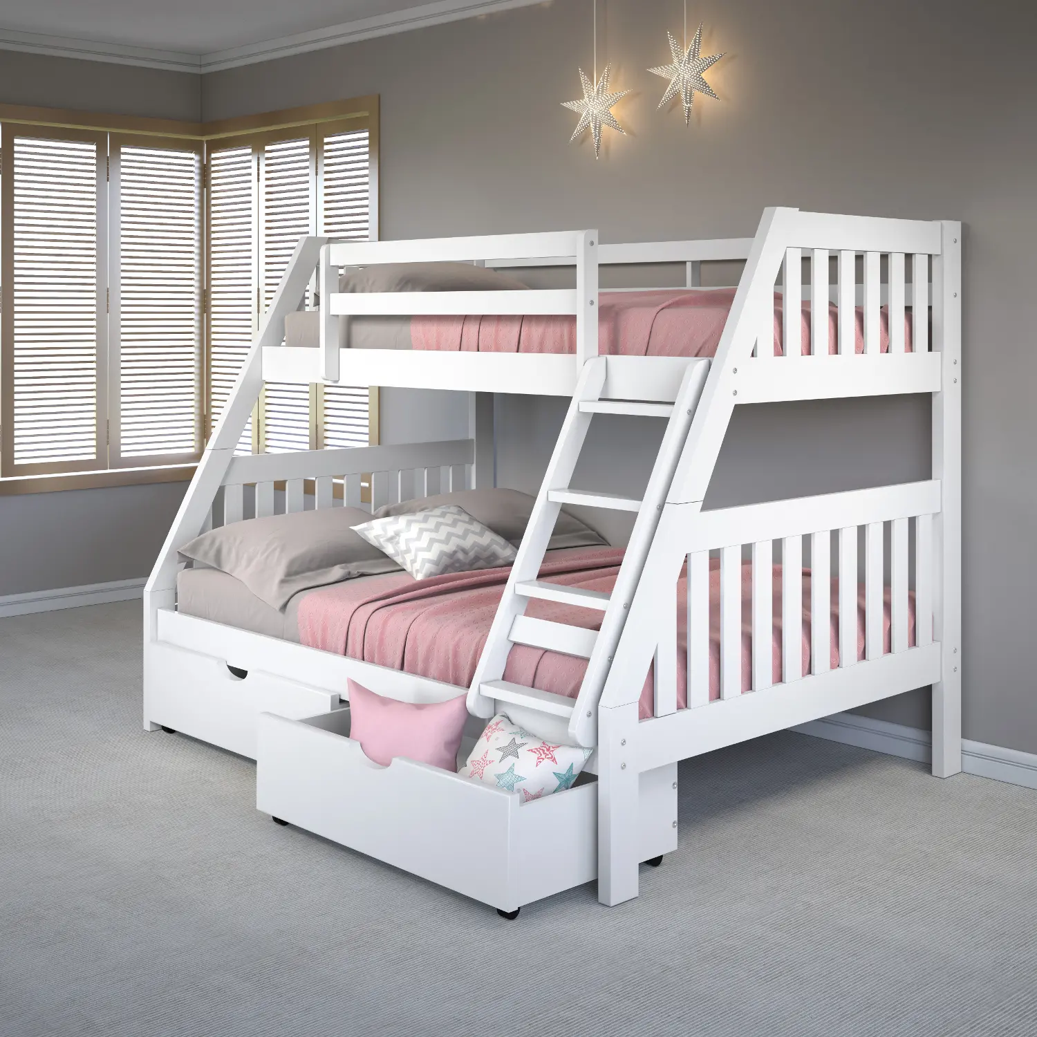 White Twin over Full Bunk Bed with Storage Drawers - Mission-1