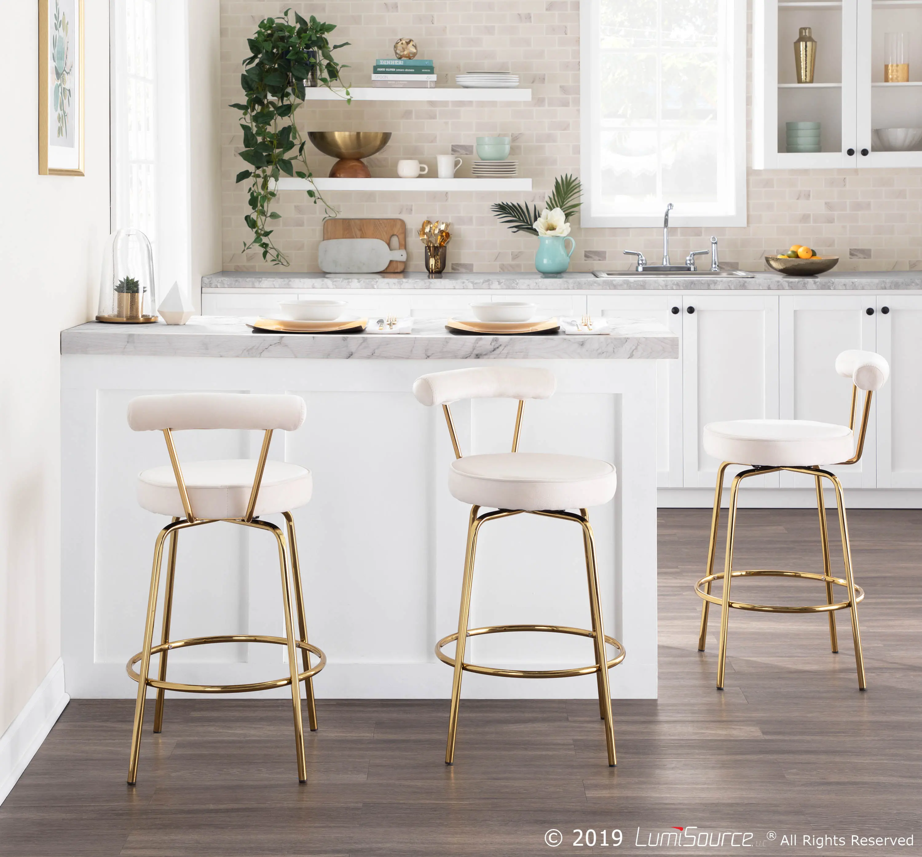 B26-RHONDA AUCR2 Contemporary Cream and Gold Swivel Counter Height Stool (Set of 2) - Rhonda-2