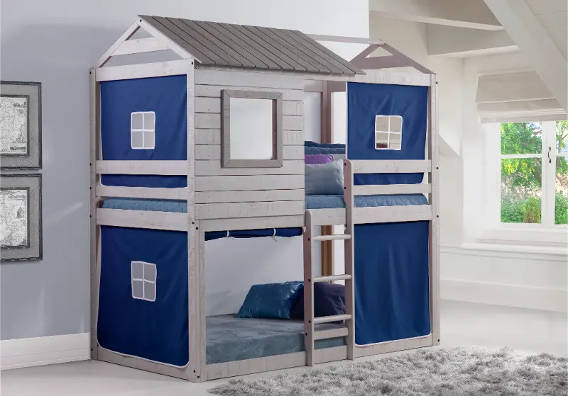 Rustic Gray Twin over Twin Bunk Bed with Blue Tent - Tree Fort