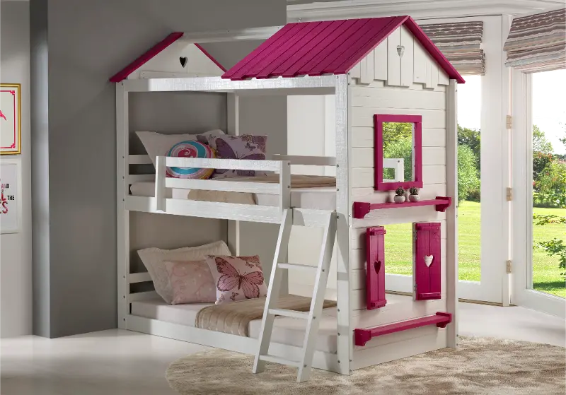 White and Pink Twin over Twin Bunk Bed - Sweetheart