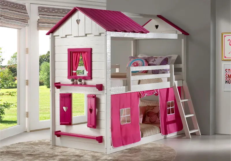 White and Pink Twin over Twin Bunk Bed with Tent - Sweetheart