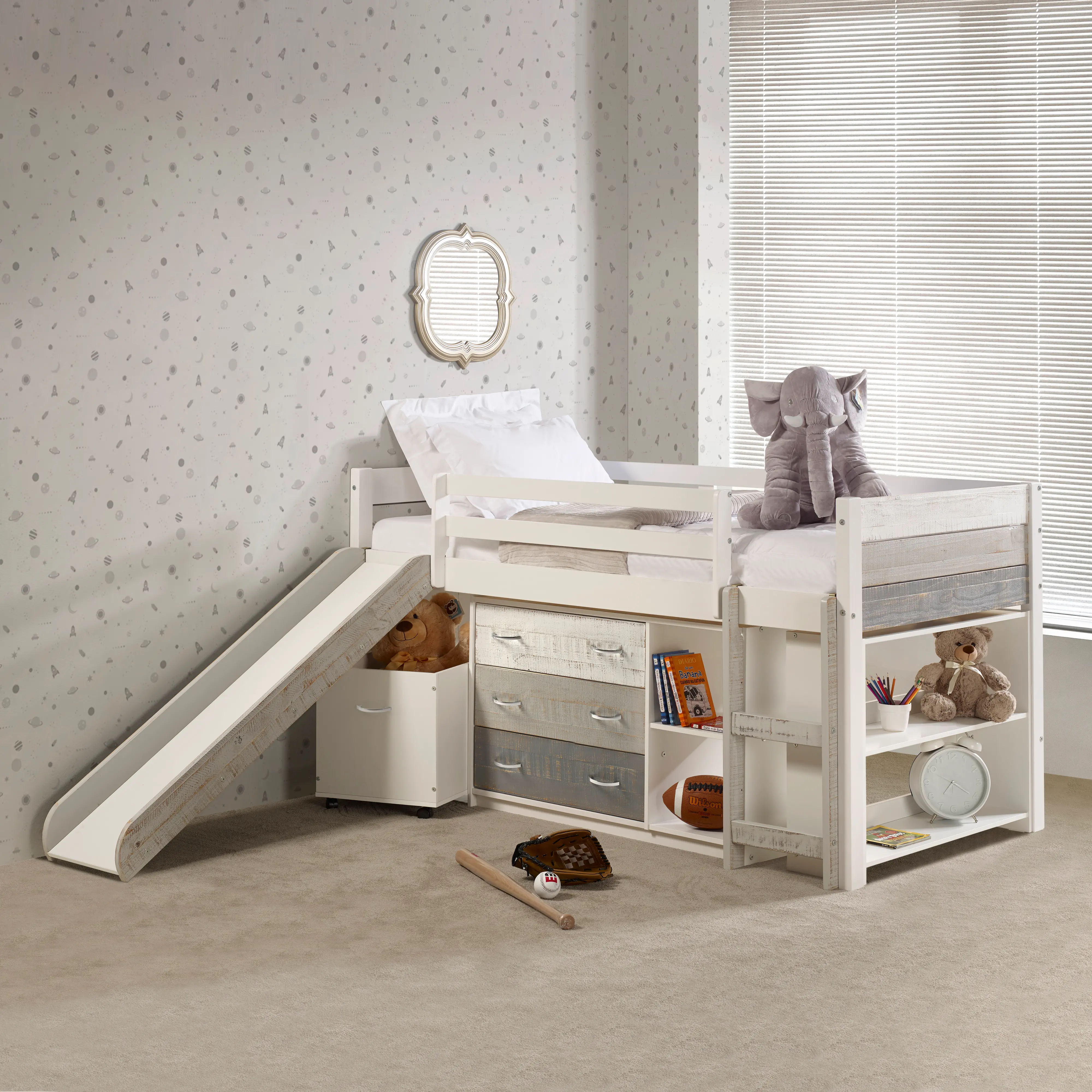 Bristol Twin Gray and White Loft Bed With Accessories-2